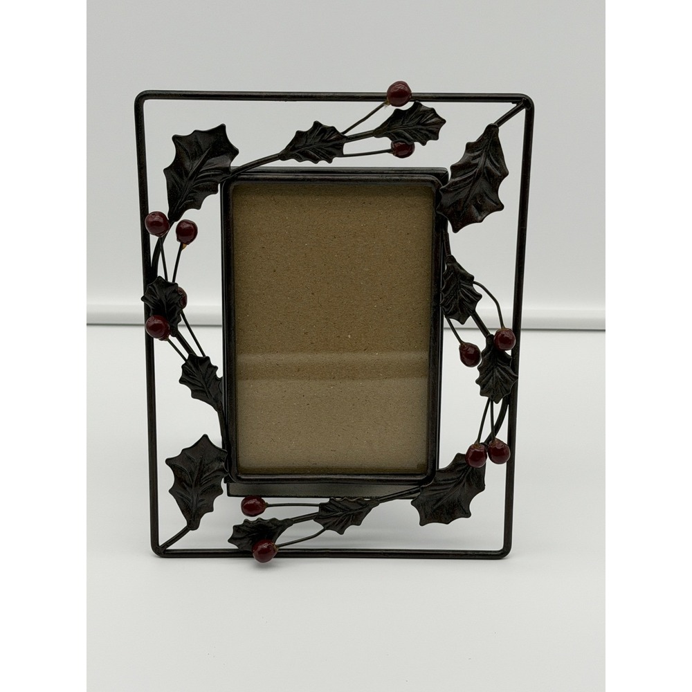 Vintage Metal Holly Berry Photo Frame 3x5 Christmas Holiday Bronze Tone Decor